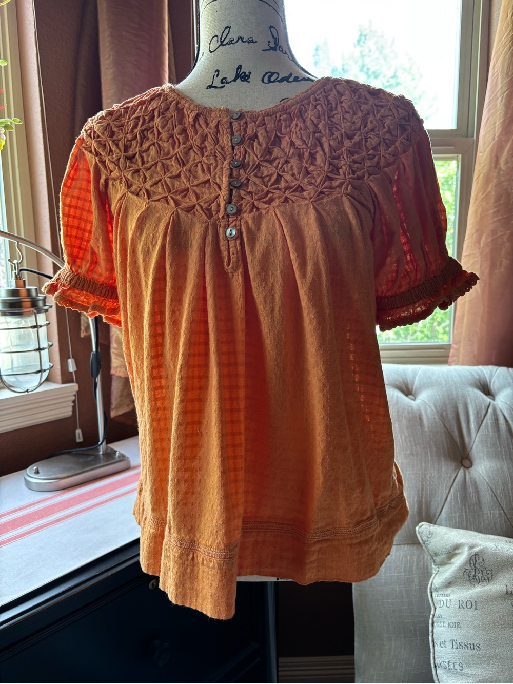 Sundance Orange Smocked Yoke Short Sleeve Blouse